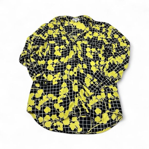 Express Portofino Button Shirt Grid Abstract Floral Long Sleeve Top Pop Art S - Picture 1 of 11